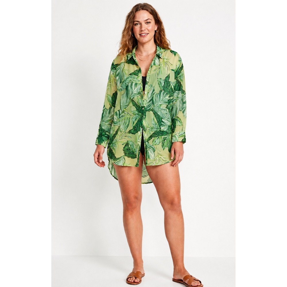 New Club Z Collection Beach Shirt Swim Cover Large Green Tropical Leaf Vacation